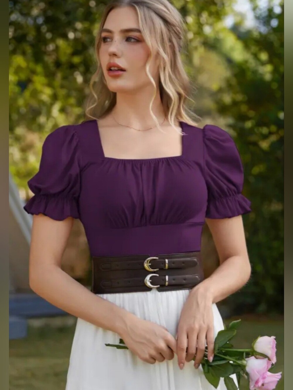 Square Neck Puff Sleeve Blouse in Plum
